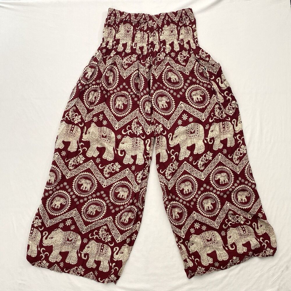 Harem Pants Wide Leg Elephant Pull On Pocket Womens OS Plus Red Boho Festival